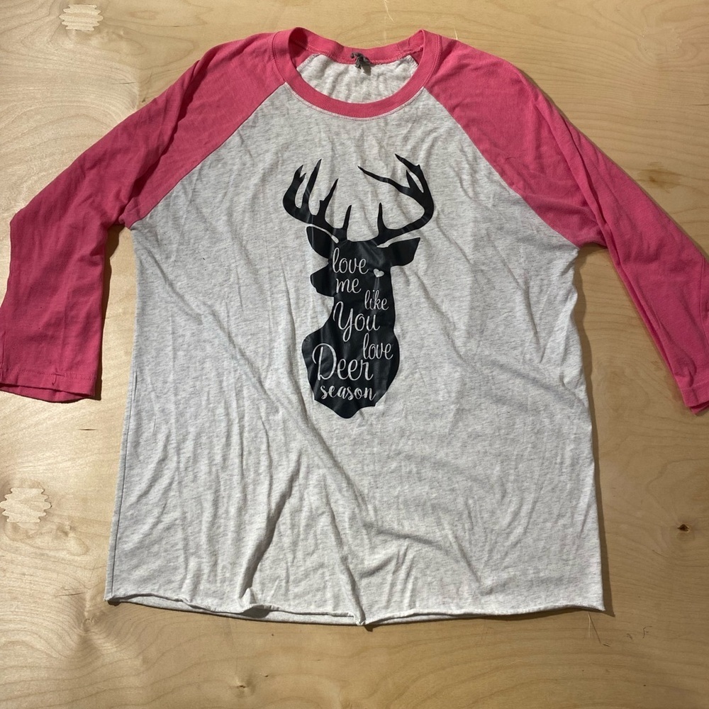 Next Level Pink and Gray Raglan Shirt with Deer Print XL (MZ)